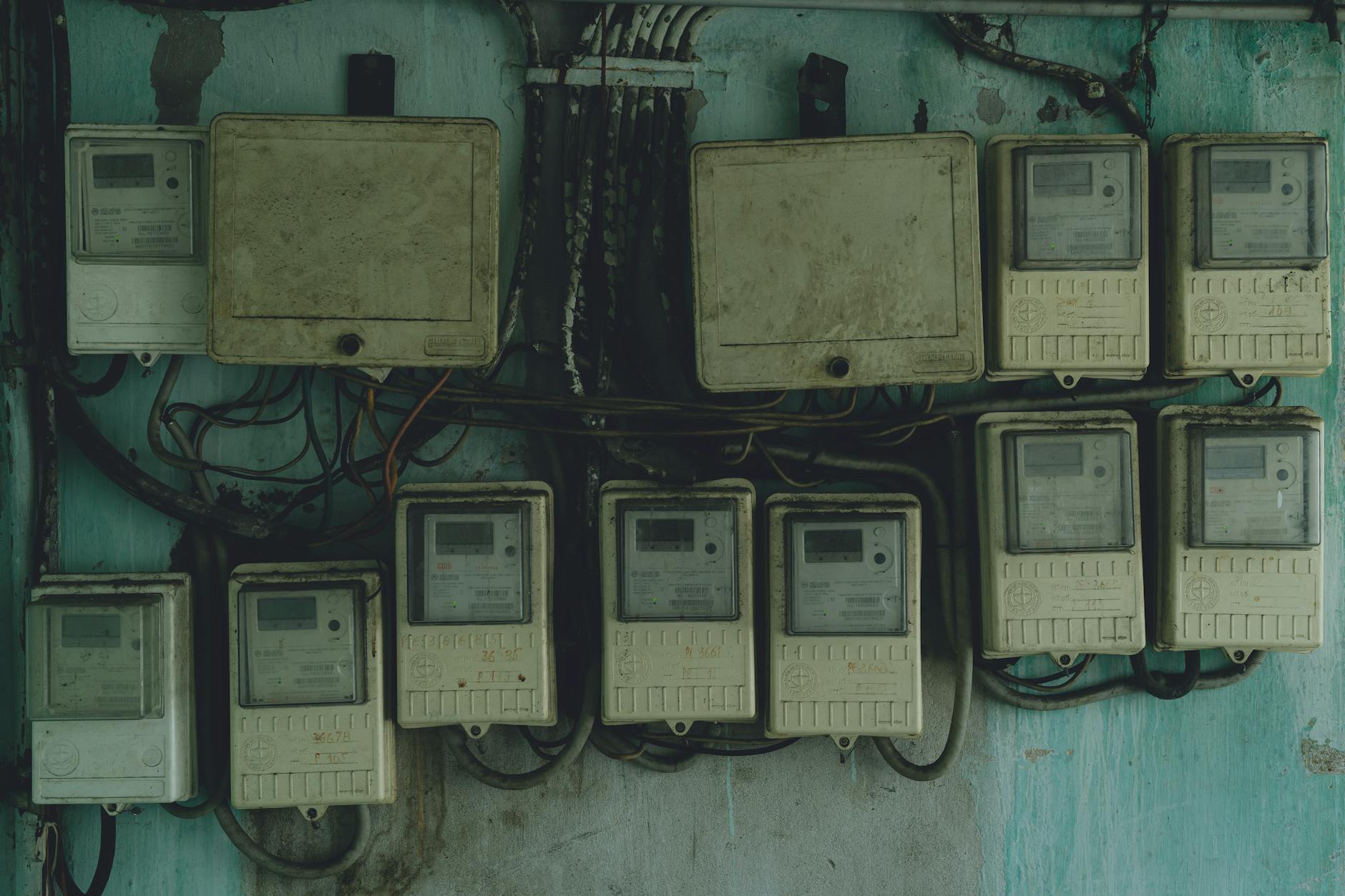 Aged and rusty electrical panels on an outdoor wall in Ho Chi Minh City, Vietnam.