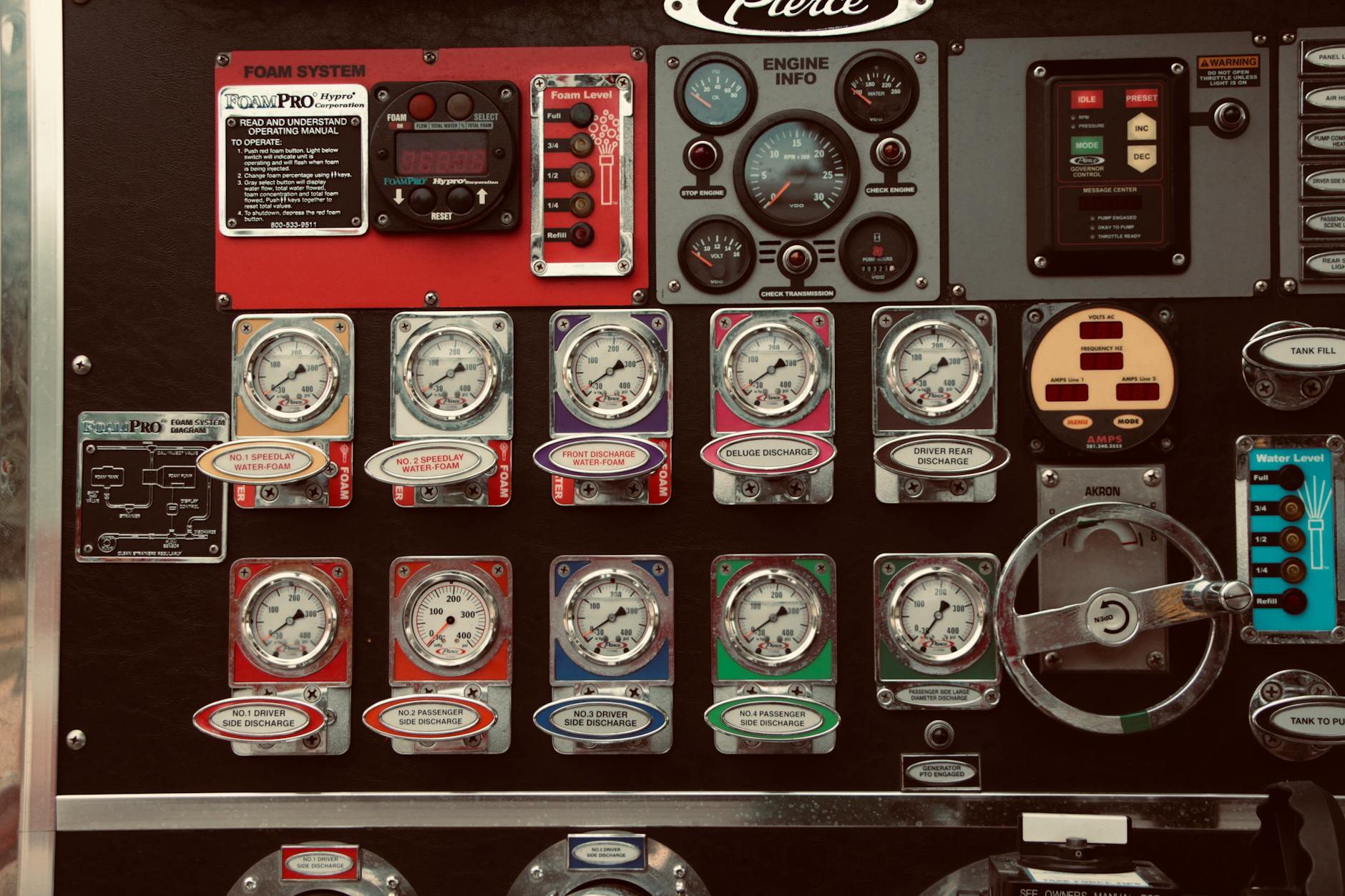 Detailed image of a vintage vehicle control panel with gauges, dials, and labels in a museum or exhibition setting.
