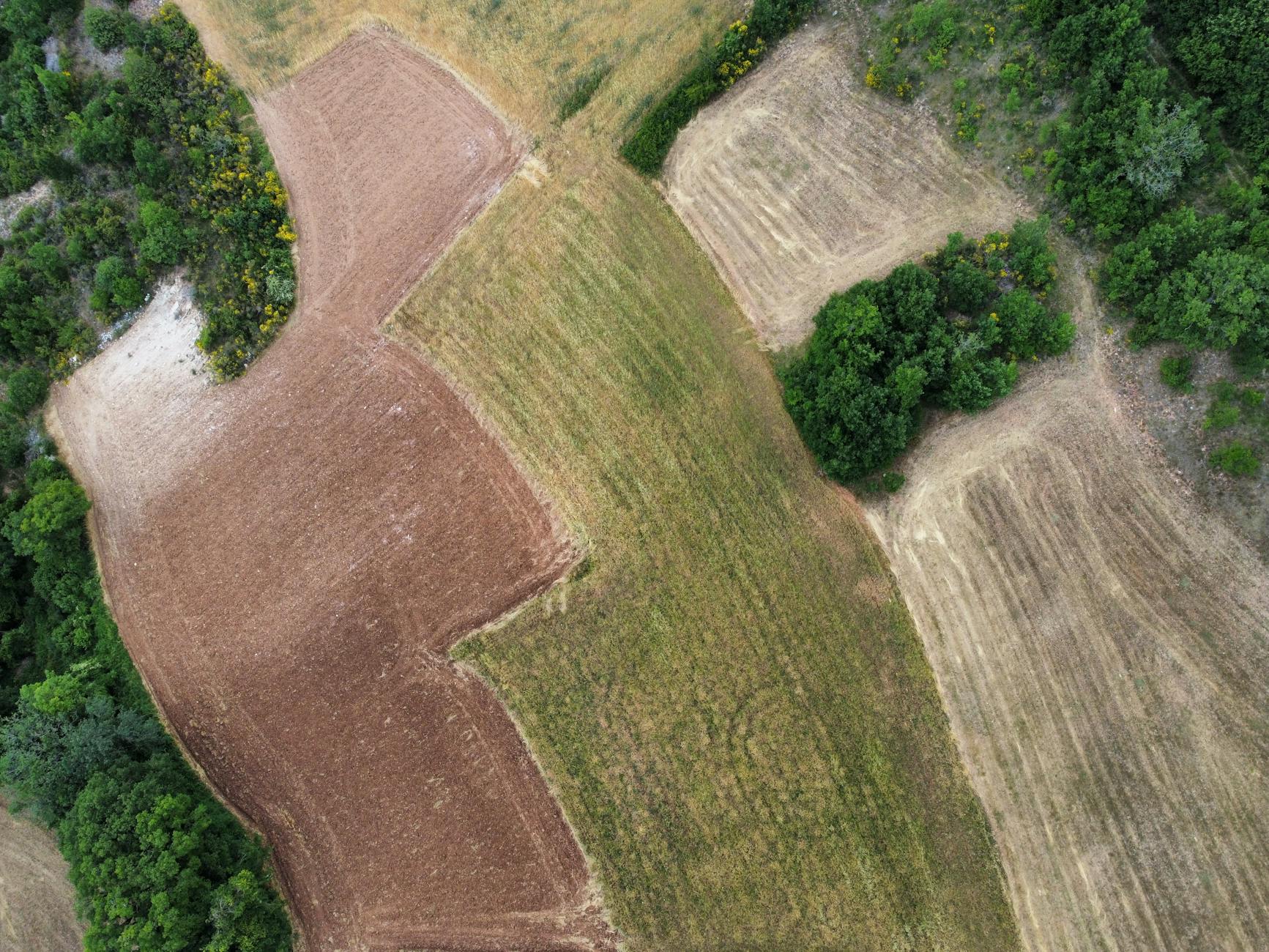 A breathtaking aerial shot of diverse farmland textures and lush greenery.
