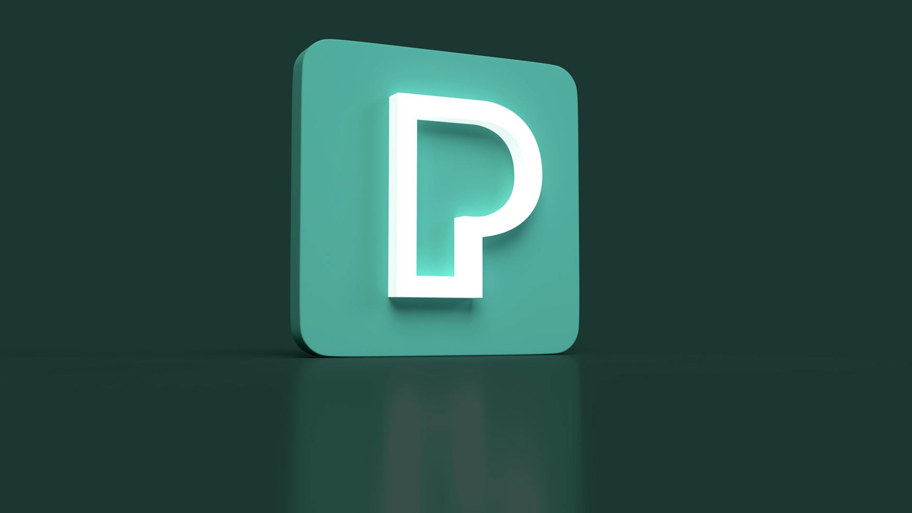Modern 3D rendered icon symbolizing the letter P with a glowing effect on a green background.